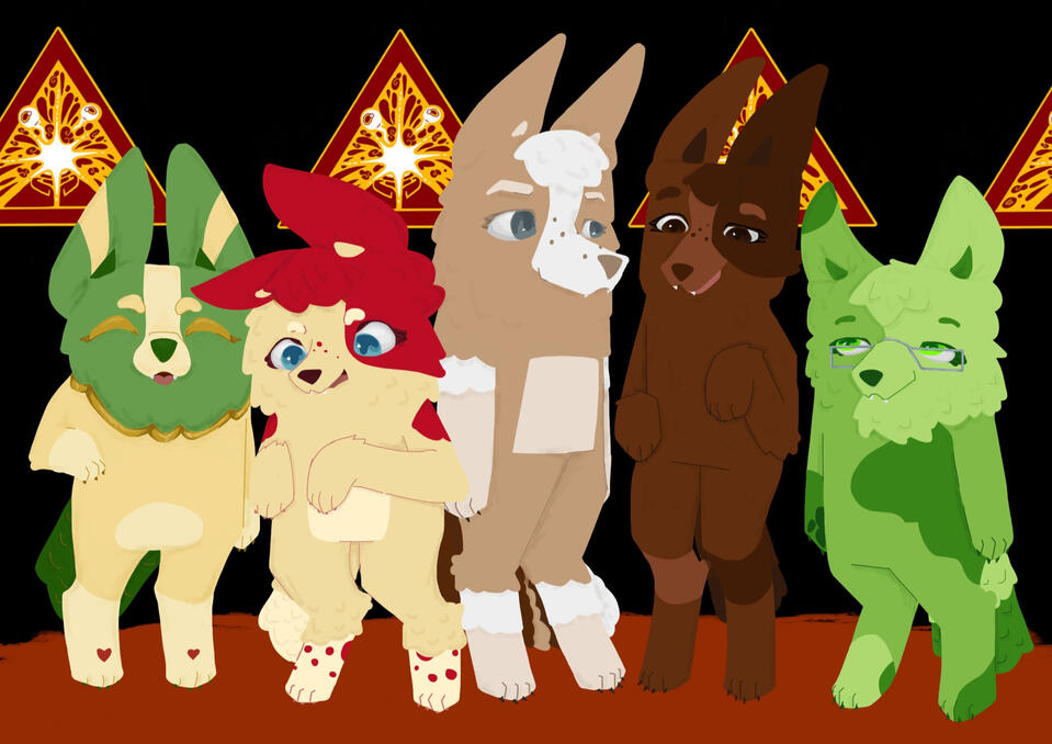 Drawing of the Sorry boys as Bluey characters, from left to right Philza, Tommyinnit, RanbooLive, WilburSoot, and Slimecicle