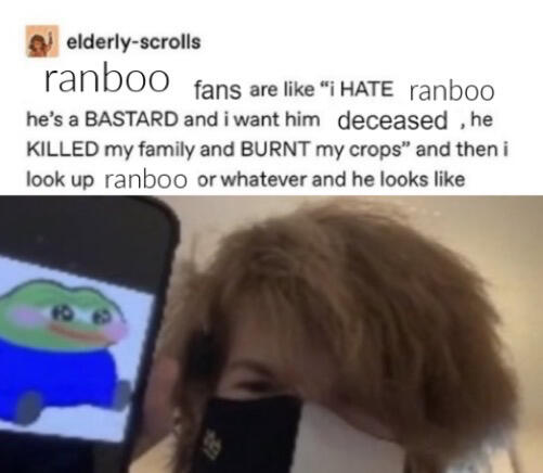 Text above a ranboo image says “ranboo fans are like ‘i hate ranboo he’s a bastard and I want him deceased, he killed my family and burnt my crops’ and then I look up ranboo or whatever and he looks like”